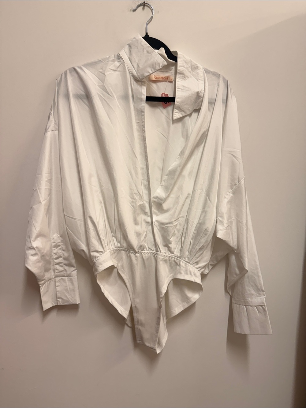 Olivaceous White Draped V-Neck Bodysuit Top